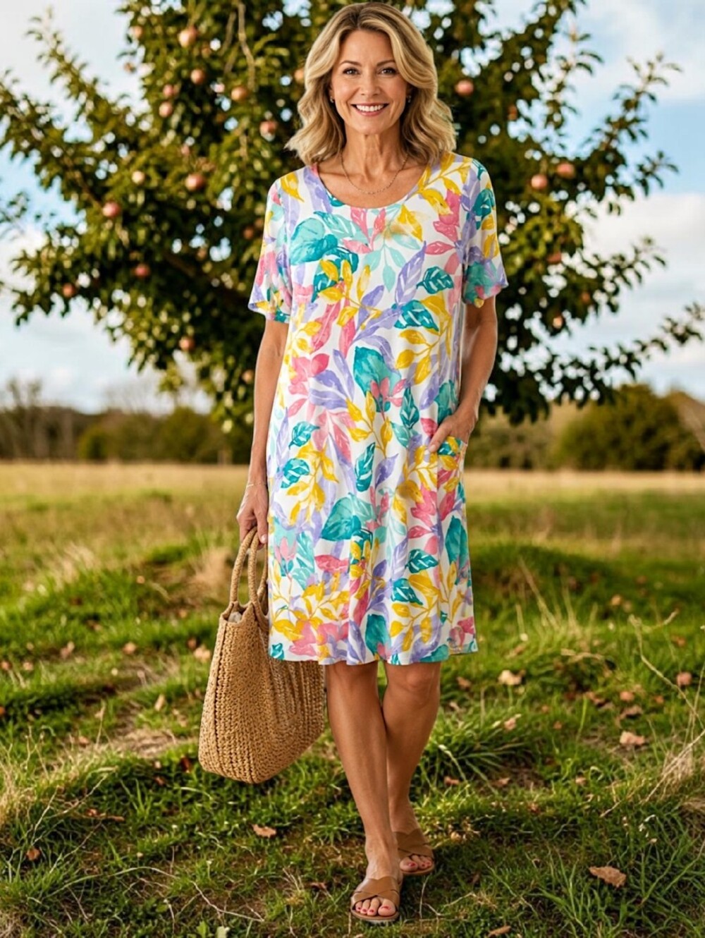 Susan Graver Liquid Knit Dress Sz 1XT Fit & Flare Multi Tropical Print Pockets
